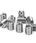 10 Piece Self Tapping Thread Inserts Set Featuring Female M6x1.0mm And Male M8x1.25mm Threads For Easy Repair Of Damaged Metal Or Plastic, High Strength, Durable Kit For Home Shops And DIY Projects. Silver metal threaded inserts shown in close-up.