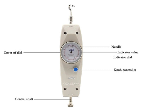 Hella Accurate Handheld Push Pull Force Gauge Tester With Peak Load Memory 500N 50kg Capacity showing dial, knob controller, and hook.