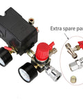 Secbolt pressure switch manifold regulator with two gauges and red knob on black housing