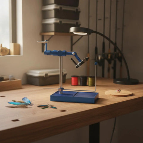 Top Notch Fly Tying Vise With Adjustable Head For Precise Hook Holding Compact Desktop Metal Vise With Scale Rugged Bench Tool For Fly Tiers Smooth Rotation And Firm Grip For Busy Fly Fishing Sessions, blue metal bench vise on wooden desk