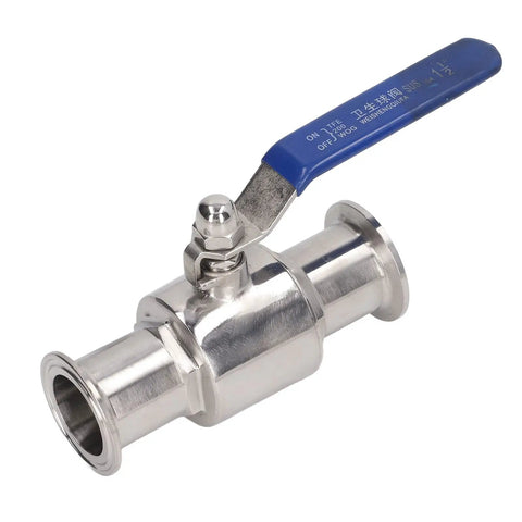 Quick Connect Clamp Ball Valve Featuring Slick Ferrule Design For Hassle Free Plumbing Setup And Rock Solid Fluid Control For Smooth Pipe Fittings And Efficient Maintenance, stainless steel with blue lever.