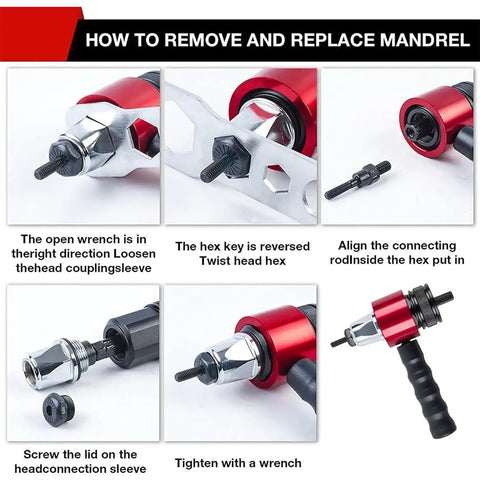 How to remove and replace mandrel for Heavy Duty M3 Through M8 Electric Rivet Gun Adapter Kit with hardcase storage.