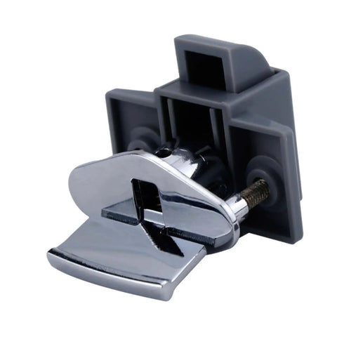 Close-up of a Push Button Latch Zinc Alloy Drawer Lock Accessory For Cabinets And Cupboards, gray and metallic design.