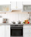 Modern kitchen with Gold Stainless Steel Cabinet Handles Set Of 2 Single Hole Center Square Bar Cabinet Pulls on white cabinets.