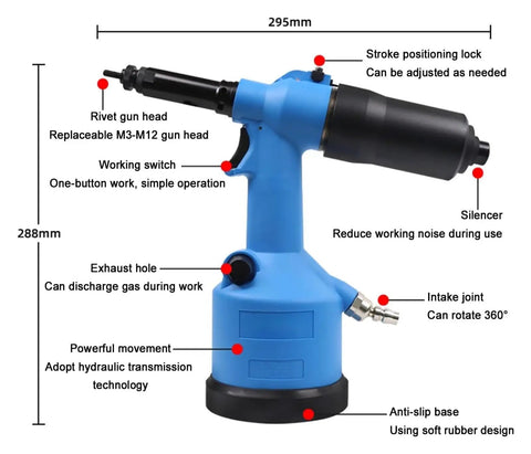 Heavy Duty Pneumatic Rivet Nut Gun Badass Air Tool For Fastening Bolts Includes M3 Through M12 Threads Quick Action for automotive work.