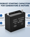 Top Shelf Heavy Duty CBB61 Style Run Capacitor 24 Microfarad 450 Volt AC Motor Starter Upgrade For Portable Generators And Diesel Engines UL Rated Rock Solid, black capacitor with terminals.