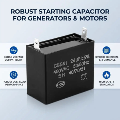 Top Shelf Heavy Duty CBB61 Style Run Capacitor 24 Microfarad 450 Volt AC Motor Starter Upgrade For Portable Generators And Diesel Engines UL Rated Rock Solid, black capacitor with terminals.