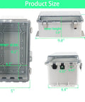 Heavy Duty Outdoor Waterproof Electrical Box With Clear Hinged Lid IP55 Tough As Nails Junction Cover For Power Strips Extension Cords And Outlet Protectors Dead Easy Weather Shield 8.9 X 4.9 X 4.3 Inch product size dimensions displayed.