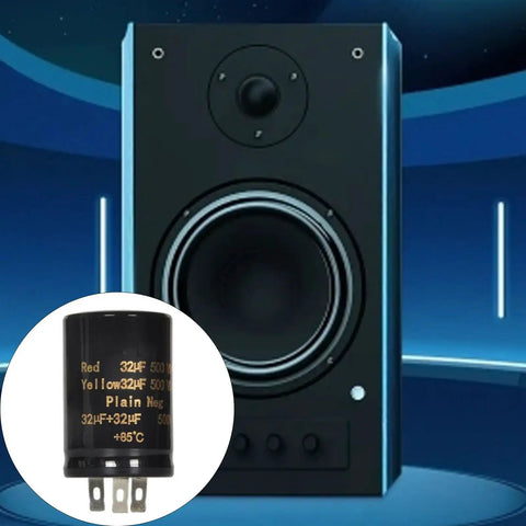 Pro Grade Heavy Duty Filter Capacitor Selection Featuring 10UF Through 100UF Picks For Industrial Power Conversion And Hifi Rectification With Rock Solid 500V Ratings And Built Tough Resilience For Hands On Makers, shown with a speaker.