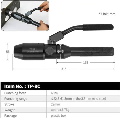 Hydraulic Knockout Punch Kit Pro Grade For Electrical Boxes And Metal Sheets, includes die, 66KN clamping power, side view