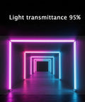 Light transmittance 95% display in a modern hallway illuminated with pink and blue LED lights.