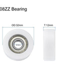 Eight Piece 608ZZ Double Shielded Nylon Ball Bearing Rollers Designed For Furniture Hardware Drawer Slides, 32mm O.D., 12mm thickness.