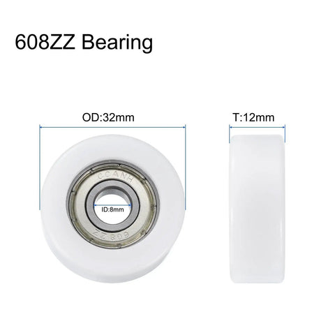 Eight Piece 608ZZ Double Shielded Nylon Ball Bearing Rollers Designed For Furniture Hardware Drawer Slides, 32mm O.D., 12mm thickness.
