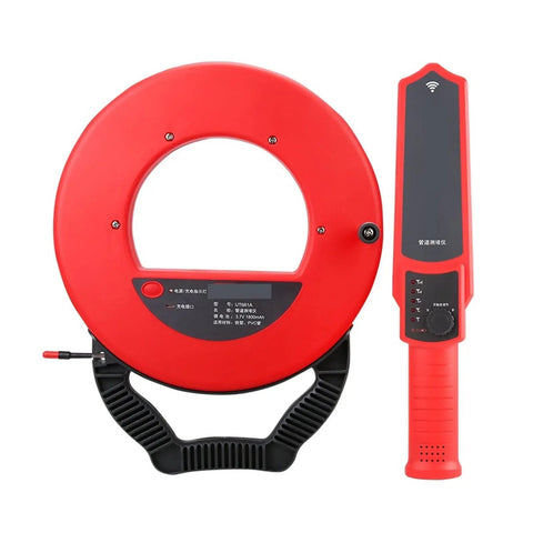 Sick Rock Solid Stud Finder Wall Scanner That Actually Slaps For Finding Electrical Pipes Cables And Drain Blockages Up To Fifty Centimeters With A Hella Bright Display, featuring a large red circular scanner and handheld device.