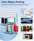 Image showcasing color ribbon options for 2 Inch Thermal Transfer Bluetooth Label Maker With Color Ribbon Printing For Waterproof Scratch Resistant Labels Ideal For Office Small Business School And Home Phone And PC Compatible Blue, including red, black, gold, and white ribbons.