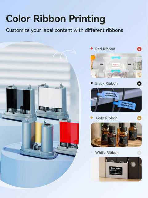 Image showcasing color ribbon options for 2 Inch Thermal Transfer Bluetooth Label Maker With Color Ribbon Printing For Waterproof Scratch Resistant Labels Ideal For Office Small Business School And Home Phone And PC Compatible Blue, including red, black, gold, and white ribbons.