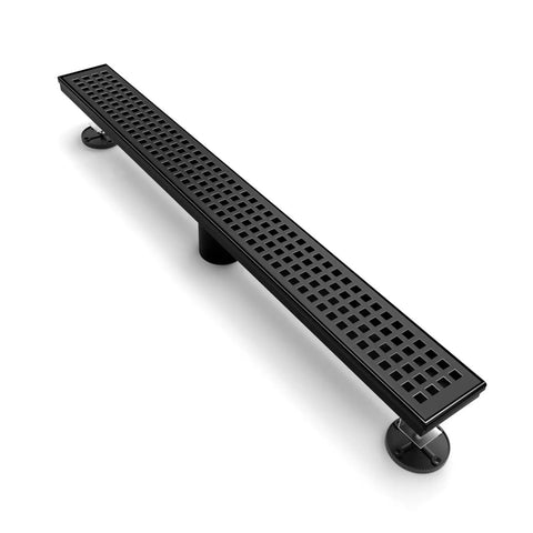 32 Inch Linear Shower Drain With Removable Square Cover And Hair Catcher Sleek Easy Install Matte Black 304 Stainless Steel Rectangular Floor Drain Cupc Certified Durable Modern Shower Drain For Luxury Bathrooms angled view