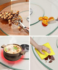 Heavy Duty Tempered Glass Lazy Susan Round Rotating Turntable Kitchen Serving Tray with nuts, oranges, pot, and cleaning cloth.