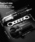 All In One Rivet Gun Adapter Kit With Four Interchangeable Heads For Drill Attachments shown with measurements