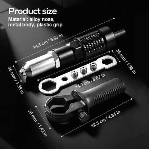 Electric Rivet Gun Adapter Kit With 4 Interchangeable Nosepieces 2.4mm 3.2mm 4.0mm 4.8mm for Cordless Drills with dimensions