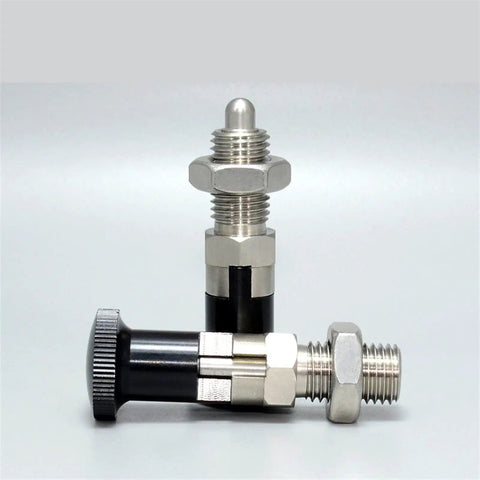 No Nonsense Heavy Duty Rest Position Index Plunger Spring Lock Pin with aluminum knob and steel shaft for assembly jobs.