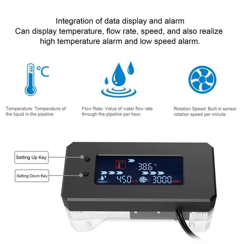 Inline PC Water Cooling Flow Meter with OLED Display showing temperature, flow rate, and RPM, designed for DIY PC builds and custom loops.