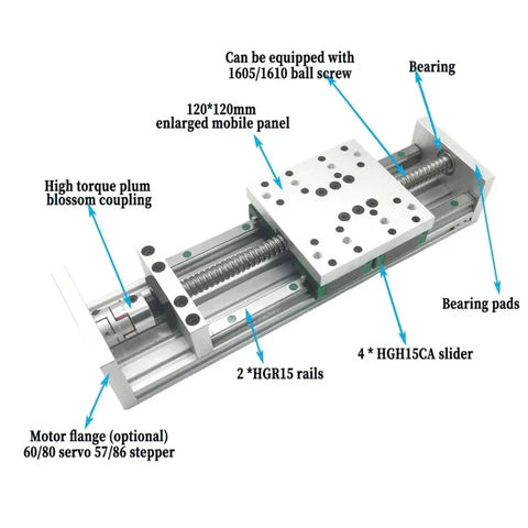 Rock Solid 100Mm Linear Guide Slide Table Xyz Actuator With Sfu Ball Screw And Hgr15 Rails For Cnc Rigs, detailed view including mobile panel and bearings.