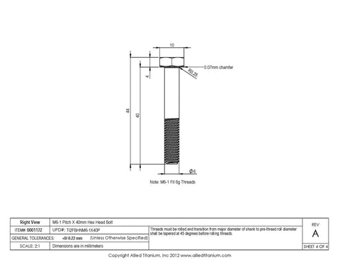 Top Shelf Grade Two Titanium Hex Head Bolts M6 Metric Thread By Forty Millimeter Pack Of Ten Corrosion Resistant Fasteners Ready For Saltwater And Shop Grind Jobs Delivering Hardcore Strength And A Sleek Polished Finish That Never Fades Over Time - Right view technical drawing.
