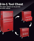 Rock Solid Heavy Duty Steel Tool Chest With 8 Deep Drawers And Rollin Locking Wheels Detachable Top Liner Side Hooks Hella Sturdy Garage Storage Cart In Red showing detachable upper and lower cabinets.