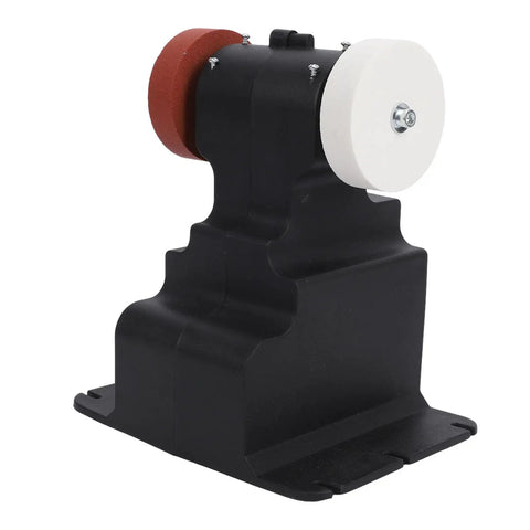 Solid Workhorse Mini Bench Grinder With Hella Strong Copper Motor And Fully Cordless Dual Grinding Wheels showing black base with white and red grinding wheels.