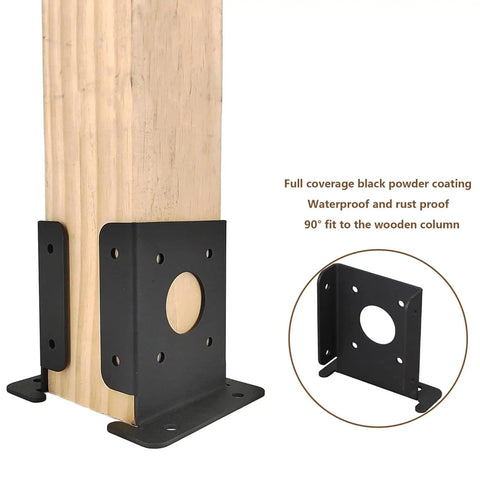 4 Pack Adjustable 4x4 Wood Fence Pergola Post Base Brackets Kit Beefy Heavy Duty Post Anchor For Deck Railing And Mailbox Posts Sturdy Black Powder Coated Metal Construction For Outdoor Use In Weather Resistant Design.
