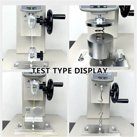 Slick Operation Electric Tensile Tester With Four Hundred Fifty Millimeter Stroke Digital Force Gauge displaying various test setups.