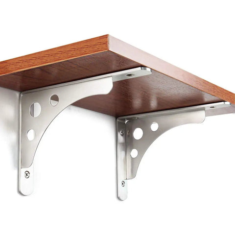 Heavy Duty Shelf Brackets 4 Pack 8 Inch Stainless Steel Wall Corner Supports hold wooden board in a clean white finish.