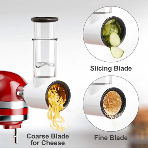 Pro-Grade Meat Grinder And Slicer Shredder Attachments For Stand Mixers used to slice cucumbers, grate cheese, and grind nuts.