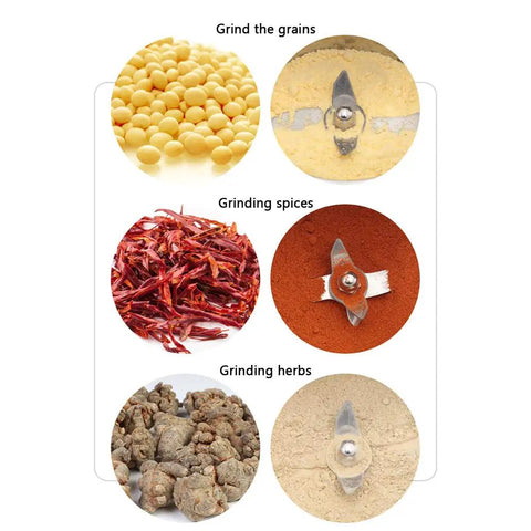 Grain, spice, and herb grinding process with Heavy Duty Grain Grinder Electric Stainless Steel Pulverizer For Home And Commercial Use.