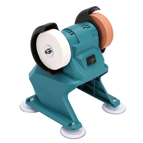 Heavy Duty Mini Bench Grinder With Full Throttle Copper Motor And Two Versatile Corundum Wheels on stable base with suction cups.