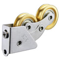 Heavy Duty Double Wheel Sliding Door Rollers Glide Smooth As Butter On Glass Or Aluminum Frames Rock Solid Stainless Steel Build With Premium Bearings Keeps Things Moving Without A Sweat Set Of Two, showcasing stainless steel roller with golden wheels.