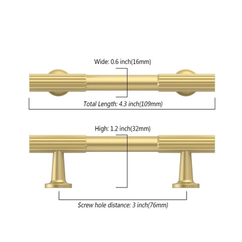 10 Pack 3 Inch Brushed Gold Cabinet Handles Modern Kitchen Drawer Pulls Heavy Duty Metal Hardware With A Knockout Finish Straight Up Premium Quality For Renovations And Remodels dimensions shown with 4.3 inch length and 0.6 inch width.