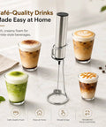 Rechargeable Milk Frother With Stand Electric Whisk Foam Maker USB C Two Speed Handheld Drink Mixer For Coffee Latte Cappuccino Matcha Drinks Silver Finish on countertop with four beverages