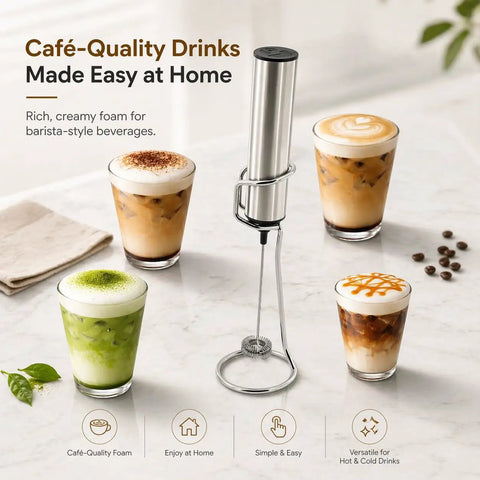 Rechargeable Milk Frother With Stand Electric Whisk Foam Maker USB C Two Speed Handheld Drink Mixer For Coffee Latte Cappuccino Matcha Drinks Silver Finish on countertop with four beverages