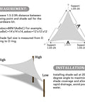 Diagram showing installation and measurement for Light Grey Triangle Shade Sail 10x10x10 for Backyard Patio Pergola Garden Deck.