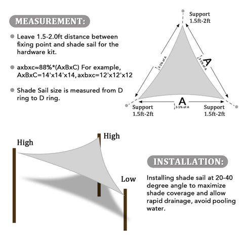 Diagram showing installation and measurement for Light Grey Triangle Shade Sail 10x10x10 for Backyard Patio Pergola Garden Deck.
