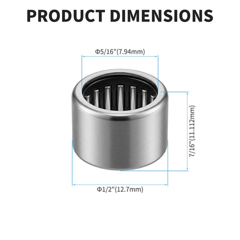 Heavy Duty SCE57 Needle Roller Bearings 5/16 ID By 1/2 OD X 7/16 Wide showing product dimensions and design.