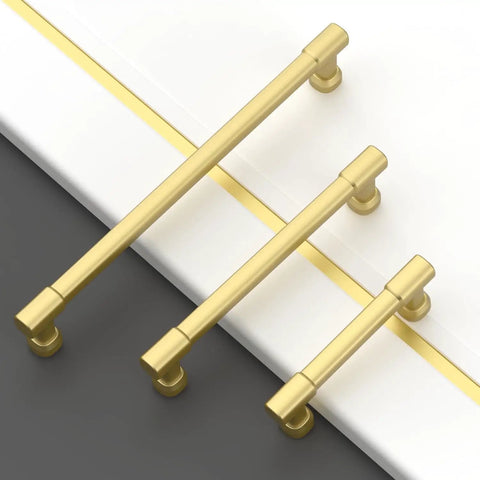 10 Pack 10 Inch 254mm Brushed Gold Cabinet Pulls Kitchen Drawer Handles Built Different Heavy Duty Solid Metal Bar Grip Rustproof Cupboard Hardware No Drama Install Home Makeover Win in assorted sizes on a surface.