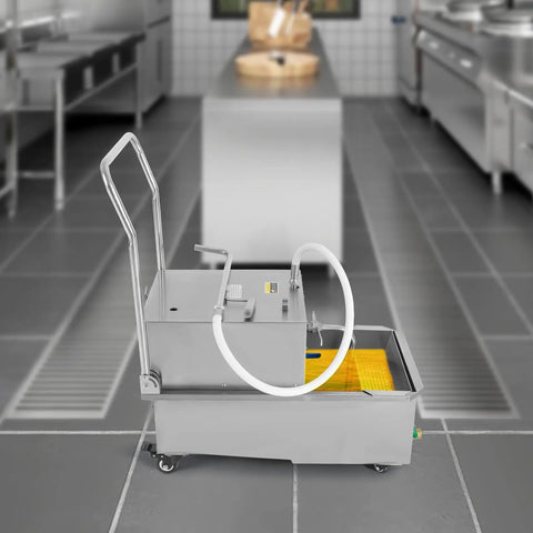 Heavy Duty Commercial Fryer Oil Filter Cart, 550 Watt Stainless Steel Machine Pumping 8.5 Gals Per Minute in a kitchen.