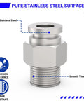 304 Stainless Steel 6 Pack Heavy Duty Push To Connect Pneumatic Fittings, 3/8 Inch OD Tube To 3/8 Inch NPT Thread, stainless steel surface