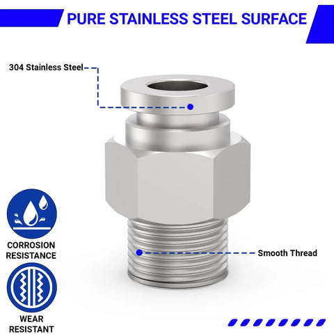 304 Stainless Steel 6 Pack Heavy Duty Push To Connect Pneumatic Fittings, 3/8 Inch OD Tube To 3/8 Inch NPT Thread, stainless steel surface