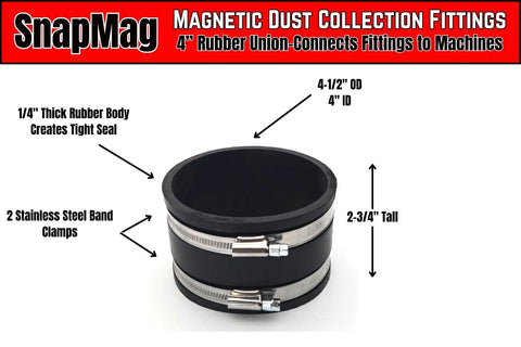 SnapMag 10 Piece Magnetic Dust Collection Starter Kit For Four Inch Hoses And Ports Quick Connect Dust Collector System With Powerful Rare Earth Magnets Tool Plates Rubber Unions And Hose Clamps, 4 inch rubber union with stainless steel clamps.