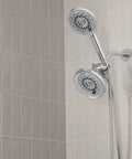 Two-Head Shower System With Five Settings In Polished Chrome, Low Flow 2.0 GPM, mounted on tiled bathroom wall