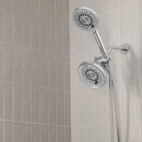 Two-Head Shower System With Five Settings In Polished Chrome, Low Flow 2.0 GPM, mounted on tiled bathroom wall